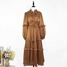 批发实拍<b class='q'>复古</b>宫廷风<b class='q'>长裙</b>欧美灯笼袖荷叶边重工珍珠花边纯色高腰连衣裙