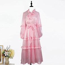 批发实拍法式<b class='q'>高端</b><b class='q'>连衣裙</b>2026新款松紧腰灯笼袖气质流光垂感大摆长裙