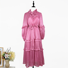 批发实拍<b class='q'>欧美</b>名媛高品质流光丝滑纯色荷叶边珍珠大摆连衣裙礼服<b class='q'>长裙</b>