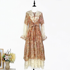 批发实拍澳洲秀场新款度假彩色碎花拼接蕾丝<b class='q'>荷叶边</b>宽松长袖<b class='q'>连衣裙</b>长裙