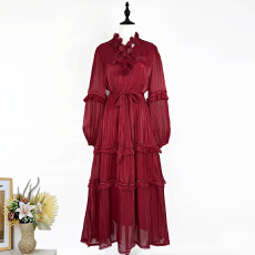 批发实拍9色<b class='q'>欧美</b>度假风立体花朵收腰灯笼袖长袖大裙摆<b class='q'>连衣裙</b>聚会长裙