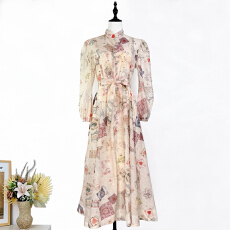 批发实拍澳洲新款<b class='q'>复古</b>印花立领钉钻灯笼袖收腰系带大摆连衣裙<b class='q'>长裙</b>礼服