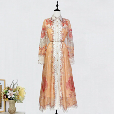 批发实拍欧美范复古定位印花单排扣大<b class='q'>翻领</b>蕾丝花边拼接衬衫长裙<b class='q'>连衣裙</b>