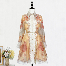 批发实拍3色<b class='q'>欧美风</b>翻领单排扣复古定位印花蕾丝拼接<b class='q'>连衣裙</b>短裙+腰链