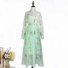 实拍法式优雅木耳边立领单排扣渐变印花修身收腰大摆长款连衣裙女