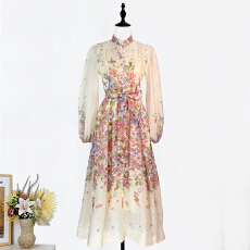 批发实拍澳洲优雅连衣裙两件套立领定位印花长袖钻石大摆收腰系带长裙