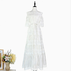 批发实拍<b class='q'>欧美</b>春夏新款一字领宽松系带大摆<b class='q'>长裙</b>重工蕾丝拼接连衣裙长