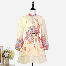 批发实拍名媛优雅高级感<b class='q'>礼服</b>新款<b class='q'>欧美</b>立领灯笼袖排扣收腰印花连衣裙