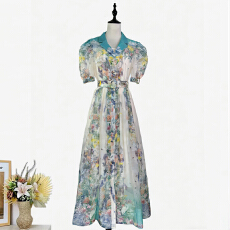 批发实拍<b class='q'>欧美</b>复古优雅两件套连衣裙短袖泡泡袖夏季精致连衣裙A摆裙长