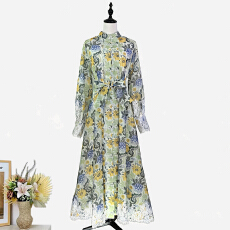 批发实拍法式复古印花两件套长裙立领单排扣<b class='q'>灯笼</b>袖蕾丝拼接大摆<b class='q'>连衣裙</b>