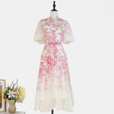 批发实拍法式复古温柔风泡泡袖时尚印花单排扣夏季飘逸<b class='q'>连衣裙</b>长裙内搭