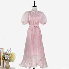 批发实拍法式优雅度假风<b class='q'>两件套</b><b class='q'>连衣裙</b>翻领泡泡袖大摆荷叶边长裙聚会裙
