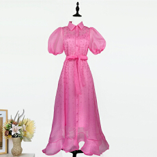 批发实拍法式优雅泡泡短袖翻领重工烫钻单排扣荷叶边裙摆<b class='q'>连衣裙</b>长裙