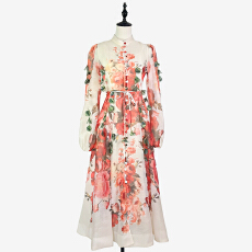 批发实拍欧美范优雅小香风串串花瓣立体花灯笼袖灯笼袖大摆<b class='q'>连衣裙</b>长裙