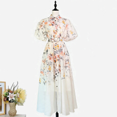 批发实拍<b class='q'>欧美风</b>复古印花翻领单排扣泡泡短袖收腰大摆<b class='q'>连衣裙</b>长裙+腰带