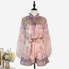 批发实拍澳洲2026春夏新款定位印花飘逸风格女士衬衫上衣+<b class='q'>短裤</b>套装