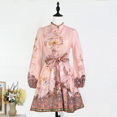 批发实拍澳洲2026新款复古印花立领灯笼袖<b class='q'>九分袖</b>收腰显瘦伞裙<b class='q'>连衣裙</b>短