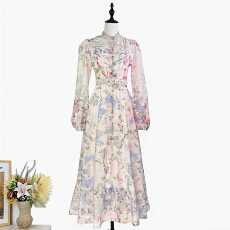 批发实拍法式春夏新款定位印花<b class='q'>立领</b>单排扣灯笼袖收腰显瘦大摆连衣裙长
