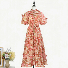 批发实拍法式宫廷风设计感重工立体花朵泡泡袖连衣裙+印花吊带长裙