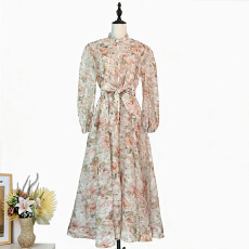 批发实拍澳洲新款复古印花立领钉钻灯笼袖收腰系带大摆<b class='q'>连衣裙</b>长裙礼服