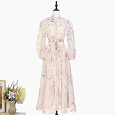 批发实拍<b class='q'>欧美</b>风复古印花立领单排扣重工钉钻收腰系带<b class='q'>连衣裙</b>长裙大摆裙