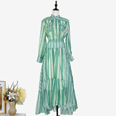 批发实拍澳洲2026春夏新款复古条纹长袖衬衫高腰大摆不规则半身裙套装