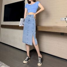 批发高腰牛仔半身裙女2026<b class='q'>春</b>夏港味大码胖mm百搭宽松开叉a字中长款裙