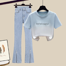 批发夏季女套装时髦时尚洋气渐变色字母短袖<b class='q'>T</b><b class='q'>血</b>开叉牛仔裤两件套夏装