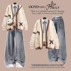 批发秋季套装女学生2025新款小清新蝴蝶结开衫毛衣娃娃领衬衫<b class='q'>牛仔裤</b>