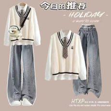 批发秋季新款套装女学生韩版宽松学院风衬衫针织毛衣<b class='q'>马甲</b><b class='q'>牛仔</b>裤三件套