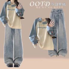 批发韩系多巴胺少女套装2025新款学生休闲学院风卫衣<b class='q'>牛仔裤</b>显瘦一整套