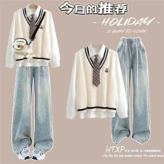 批发秋季少女套装女学生韩版宽松学院风衬衫针织毛衣马甲<b class='q'>牛仔裤</b>三件套