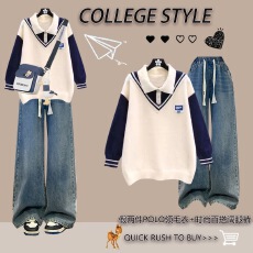 批发高初中学生秋冬针织衫套装2025年少女学院风休闲<b class='q'>牛仔裤</b>毛衣两件套