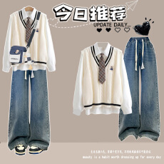 批发少女秋装2025新款学院风运动套装初中高中学生毛衣<b class='q'>马甲</b>衬衫三件套