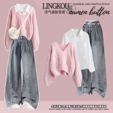 批发2025秋季套装女学生甜美清新破洞毛衣衬衫<b class='q'>牛仔裤</b>休闲洋气三件套装