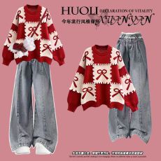 批发2025秋冬季套装女学生韩版宽松圆领红色毛衣休闲洋气<b class='q'>牛仔裤</b>两件套