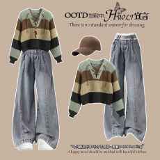 批发2025秋季套装女学生韩版宽松条纹针织上衣休闲<b class='q'>牛仔裤</b>两件套