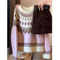 批发【绵羊绒】冬日费尔岛风穿搭粉色毛衣女秋冬慵懒风宽松针织上衣