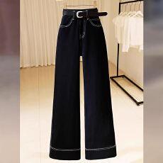 批发高腰黑色阔腿牛仔裤女春夏季新款<b class='q'>大码</b>宽松窄版胖mm显瘦微喇<b class='q'>长裤</b>子