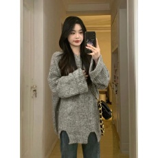 批发韩式慵懒风灰色套头毛衣女秋冬宽松外穿设计感小众针织衫上衣加厚