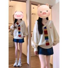 批发美式复古彩虹毛织拼接v领针织衫外套秋宽松学院风高级感女毛衣冬