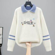 批发学院风假两件Polo领初高中生保暖针织衫女秋冬季宽松时尚打底毛衣