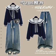 批发学院风海军领卫衣冬装2026新款初中学生时尚休闲加厚牛仔<b class='q'>裤</b>两件套