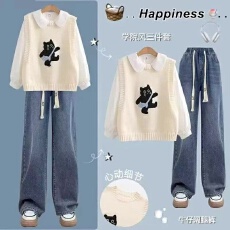 批发2025新款少女秋装初中学生韩系学院风甜美穿搭衬衫马甲<b class='q'>牛仔</b>裤套装