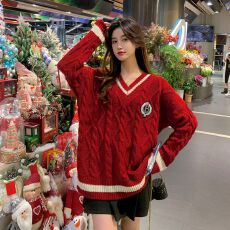 批发韩版宽松<b class='q'>中长款</b>套头毛衣秋冬新款大码女装学院风撞色慵懒针织上衣