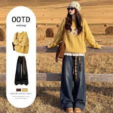 批发川西草原慵懒复古针织毛衣2026超火秋装一整套穿搭高级感牛仔套装