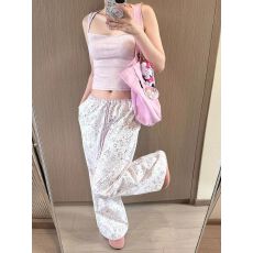 批发高质量欧韩国小众撞色腰头可束脚涂鸦<b class='q'>印花</b>长裤宽松休闲阔腿裤