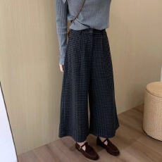 批发欧韩西裤藏青格子毛呢八分阔腿裤女秋冬西装裤裙七分直筒裤