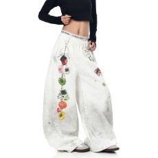 批发美式<b class='q'>街头</b>风做旧涂鸦印花弯刀卫裤男女设计感宽松阔腿裤