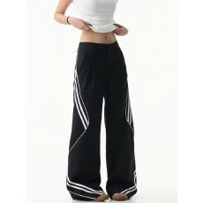 批发黑色美式休闲卫裤女秋冬季新款斜杠条纹运动<b class='q'>裤子</b>直筒阔腿情侣长裤